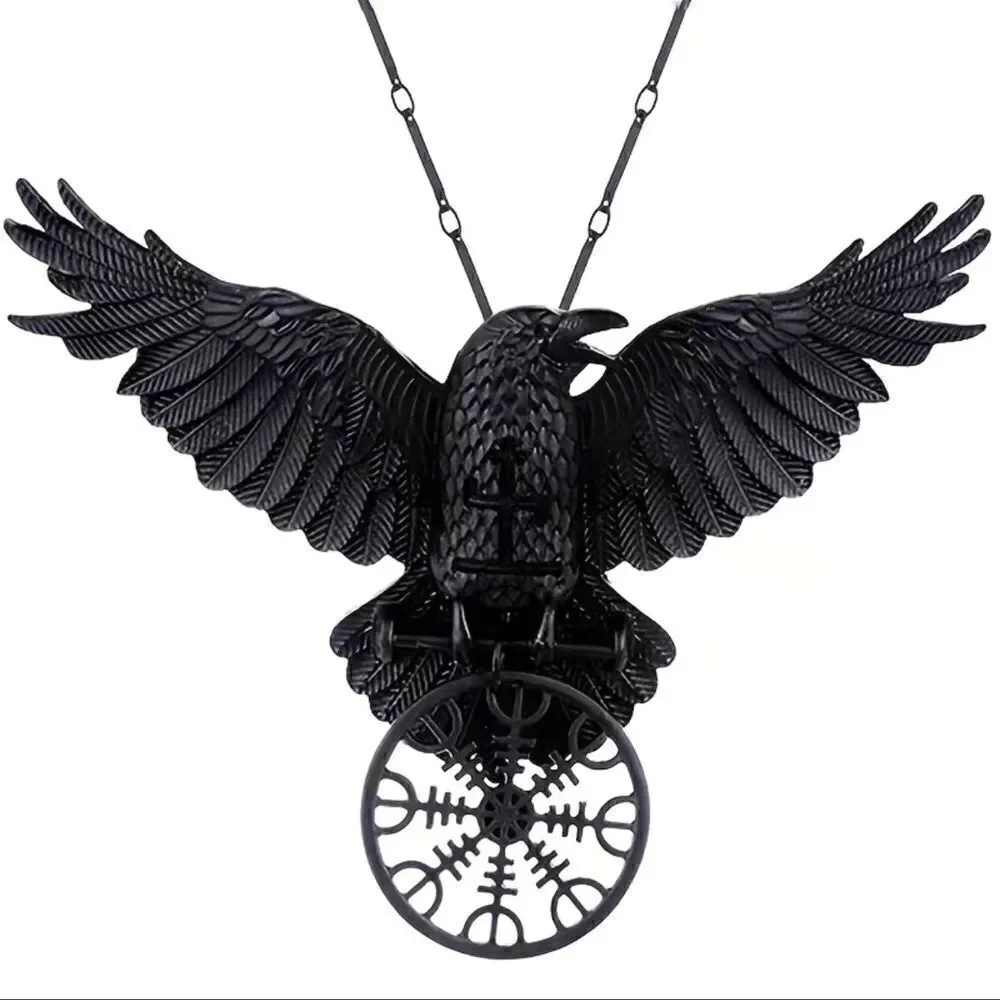 Black raven pendant necklace with black link chain.